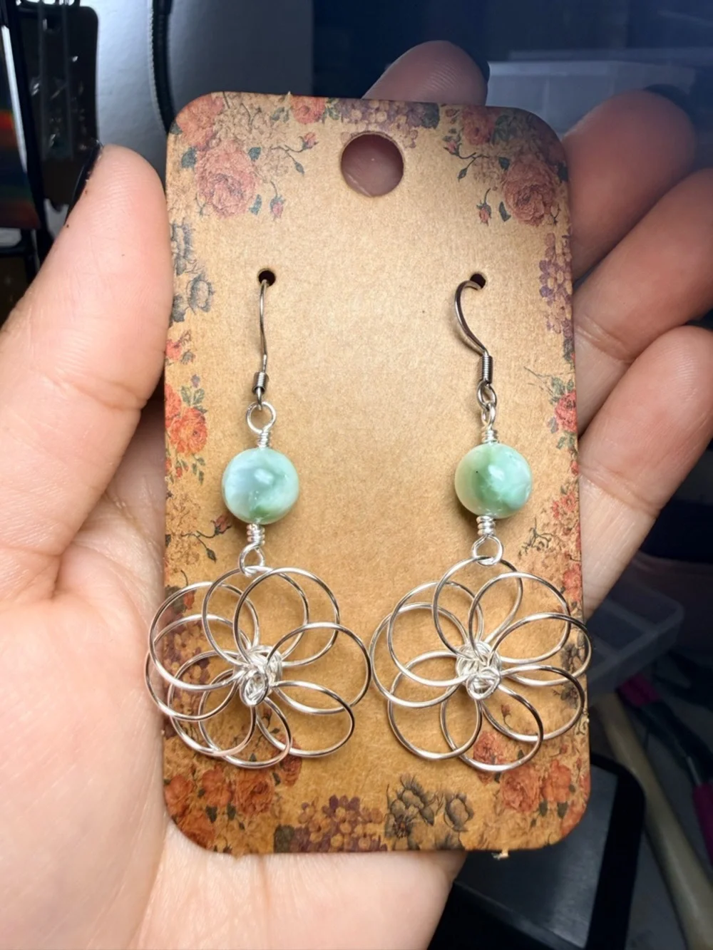Green Moonstone Flower Earrings Wire Wrapped Handmade - Picture 2 of 2